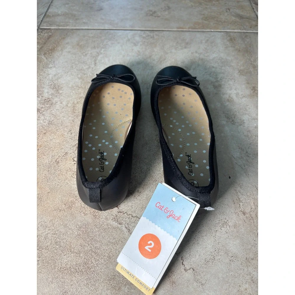 Cat & Jack Kids Diana Ballet Flats Black Bow Memory Foam Size 2 NEW